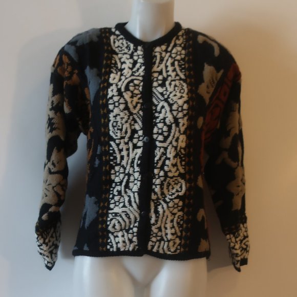 Womens Kitty Hawk By Vivian Wang Black/Multi Print Cardigan Sweater S * - Picture 1 of 6